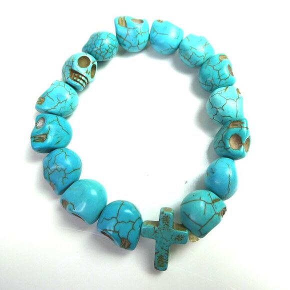Skull Holy Cross Faith Death Life Faux Turquoise Round Karma Beaded Bracelet - Picture 1 of 5